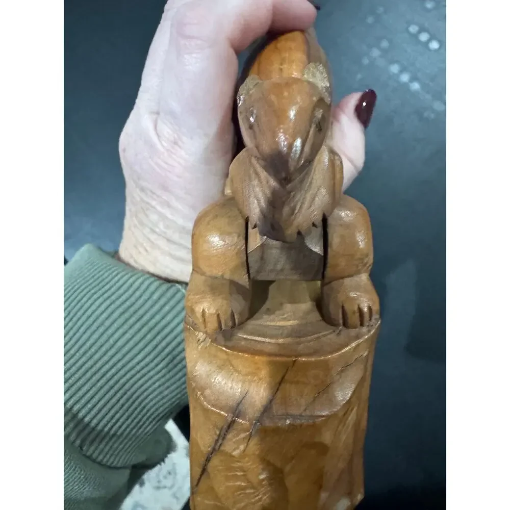 Vintage Wooden Squirrel Carved Nut Cracker Sheller